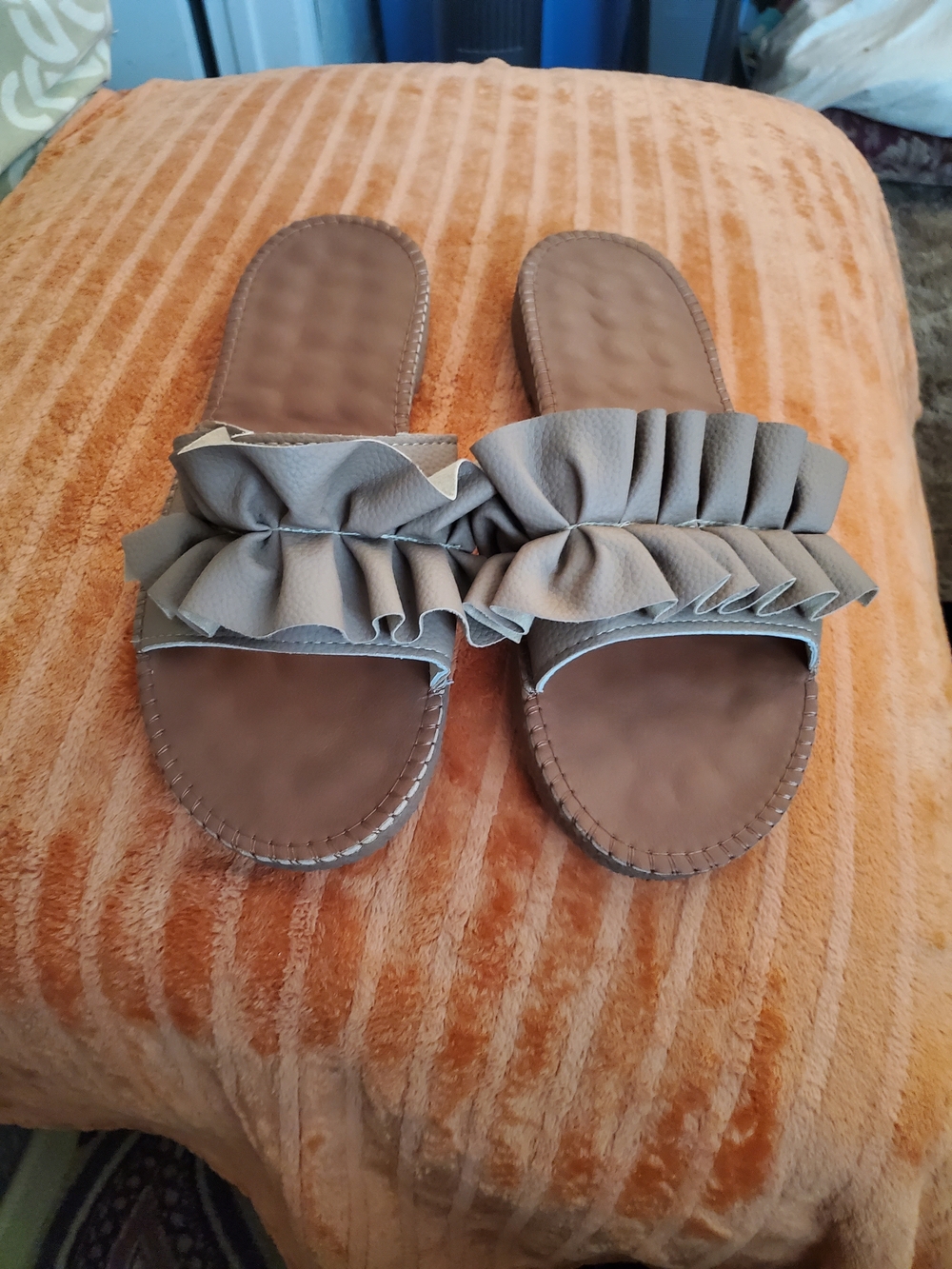 Ruffle Slide Sandals for Women in Taupe